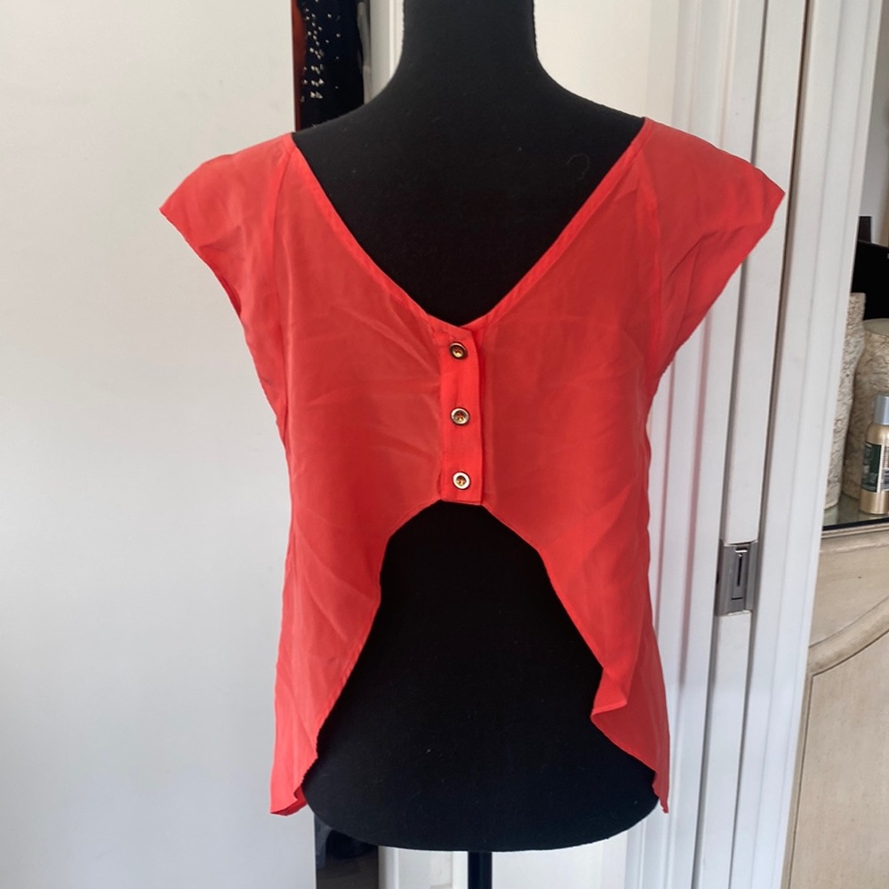 bebe 100% Silk Butterfly Cut Back Crop Blouse